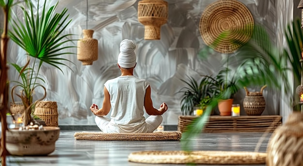 Photo woman meditating in serene indoor space