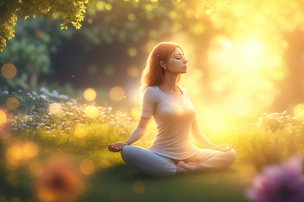 woman meditating in serene and peaceful garden ai generative