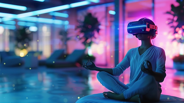 Woman Meditating in VR with Neon Lights