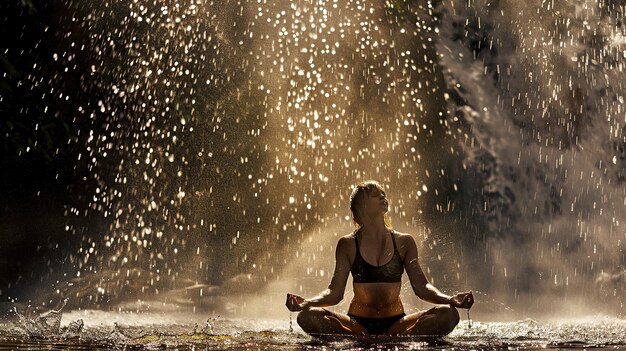 Photo woman meditating in a waterfall