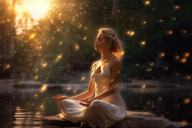 A woman meditating in a white dress sits on a rock in the water with the sun shining AIgenerated