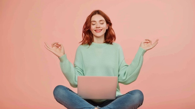 The woman meditating with laptop