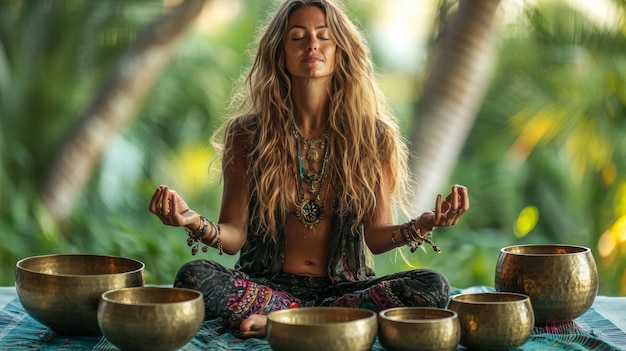 Woman Meditating with Singing Bowls in Nature