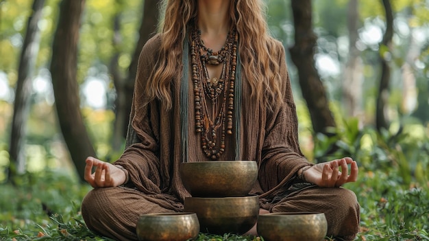 Woman Meditating with Singing Bowls in Nature