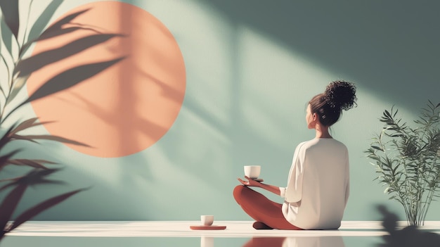 Photo woman meditating with tea in a minimalist interior