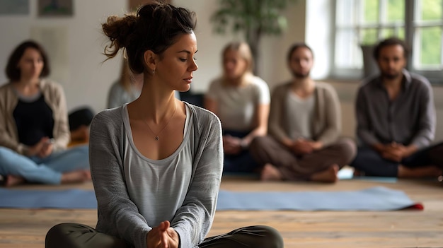 a woman meditating in a yoga class