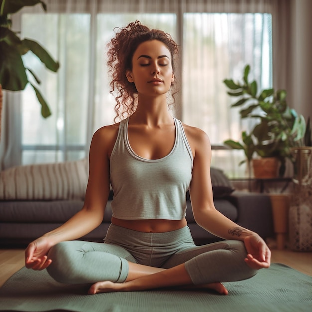 A woman meditating on a yoga mat in a living room