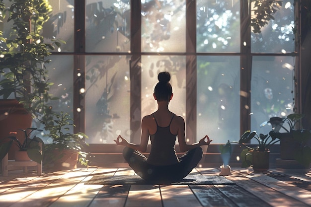 A woman meditating on a yoga mat in a sunlit room generative ai