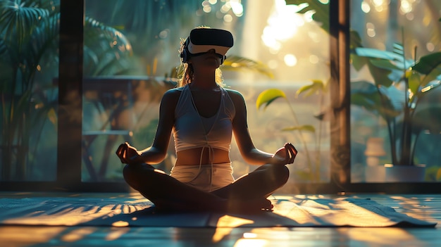 Woman meditating in a yoga pose wearing a VR headset