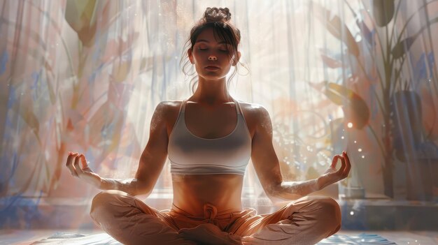 Woman Meditating in Yoga Pose with Sunlight Streaming Through Window