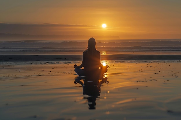 Photo woman in meditation on beach silhouette