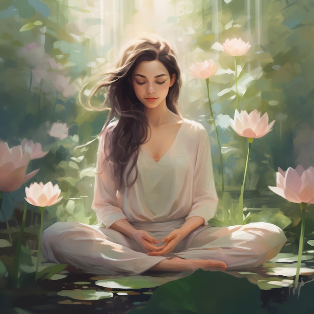 a woman meditation in a lotus garden