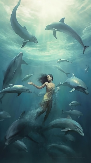 A woman in a mermaid costume surrounded by dolphins