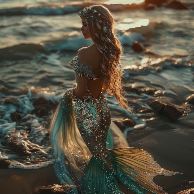 a woman in a mermaid dress is standing on the beach