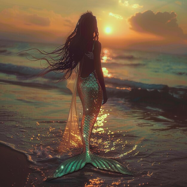 a woman in a mermaid dress is standing in the water with the sun behind her