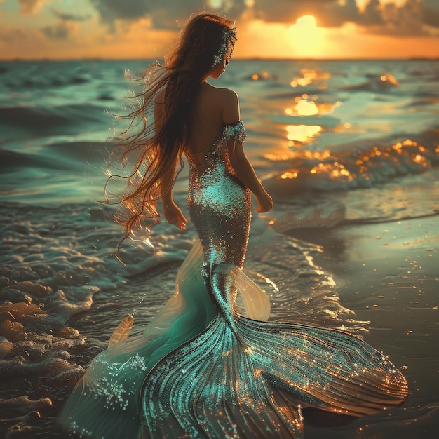 a woman in a mermaid dress is standing in the water with the sun behind her