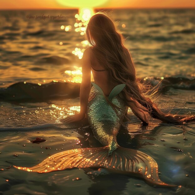 a woman in a mermaid with a fish in the water at sunset