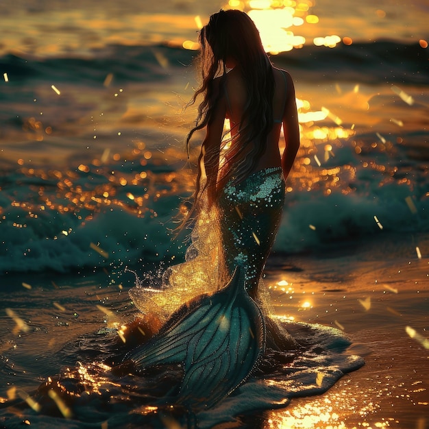 Photo a woman in a mermaid with the sun setting behind her