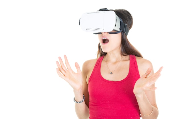 Woman metaverse VR headset virtual reality glasses hands on airs on white background