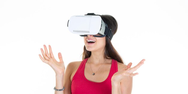 Woman metaverse VR headset virtual reality glasses modern on white background