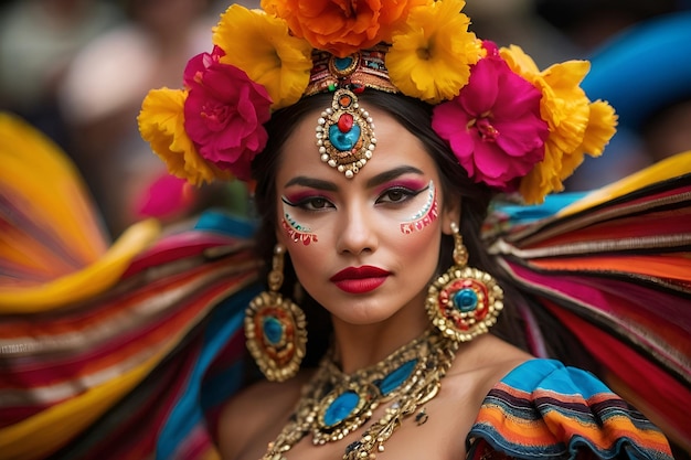 a woman in mexican costumes on traditional culture fashion