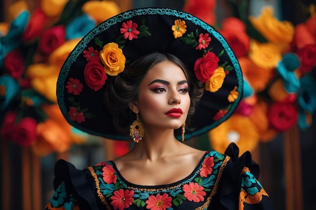 a woman in mexican costumes on traditional culture fashion