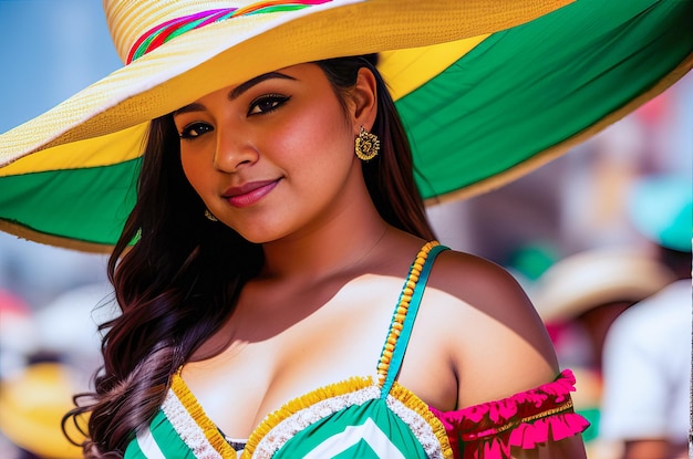 A woman in a mexican outfit stands in front of a colorful backdrop.