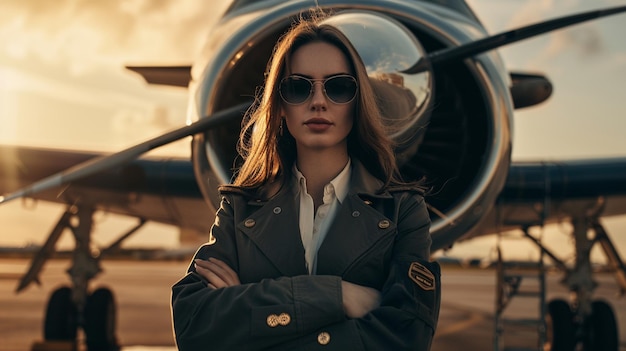 Photo a woman in a military jacket stands in front of a helicopter with her arms crossed