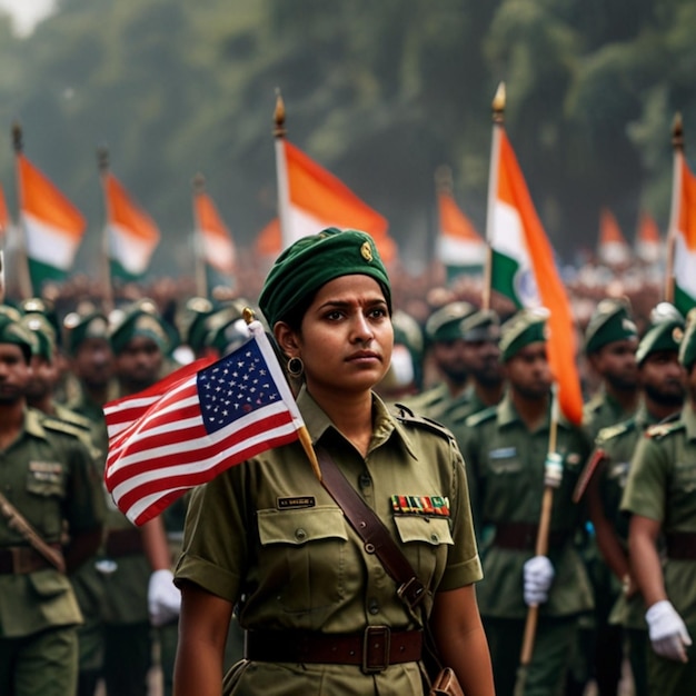 a woman in a military uniform holds a small american flag