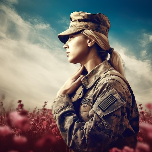 A woman in a military uniform stands in a field of flowers