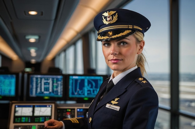 a woman in a military uniform stands in front of a control panel