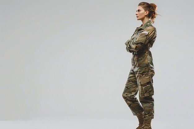 Photo a woman in a military uniform stands in front of a gray background