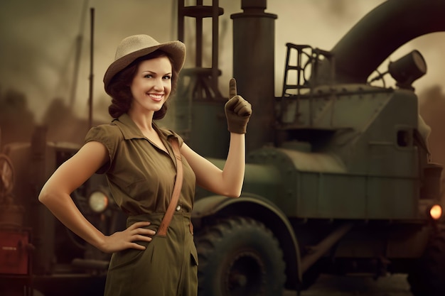 A woman in a military uniform stands in front of a military vehicle.