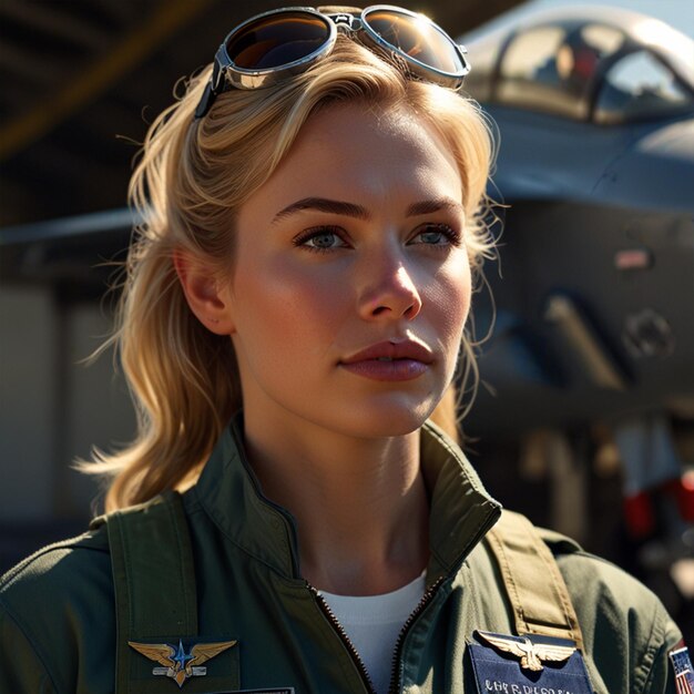 Photo a woman in a military uniform stands in front of a plane