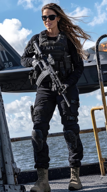 Photo a woman in a military uniform stands next to a gun that says quot u s quot