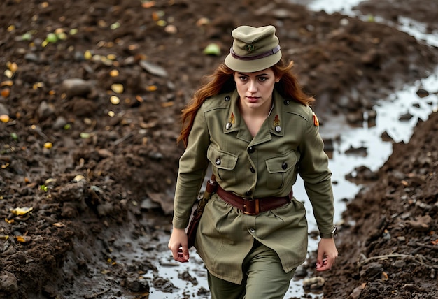 Photo a woman in a military uniform walks through a muddy puddle