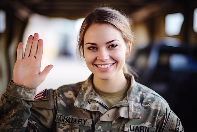 A woman in a military uniform waving to the camera