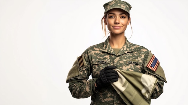 a woman in a military uniform with a flag in the background