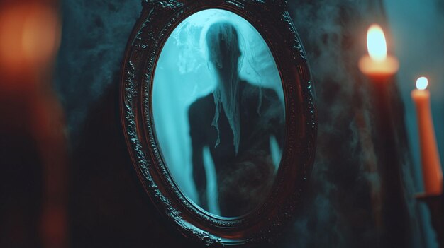 Photo a woman in a mirror with a reflection of a woman in the water