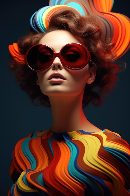 Woman model in colorful glasses in the style of pop art influence