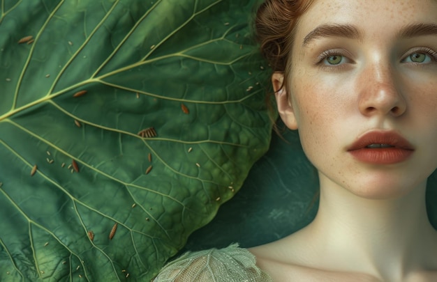 Woman model in front of green leafs