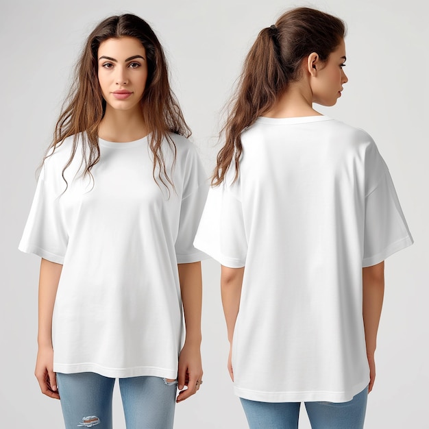 Woman model in oversized tshirt mockup White crewneck tshirt front and back view mockup