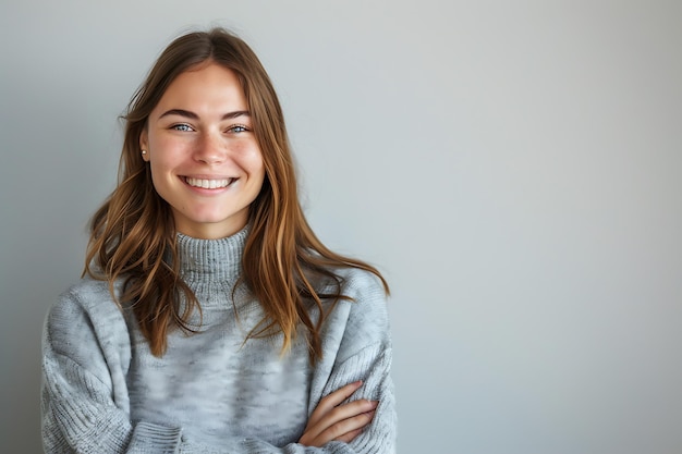 Photo woman model smiling casual outfit plain gray background portrait shot full body shot casual style