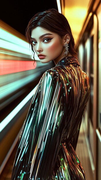 Photo woman model standing beside train passing standing on train platform