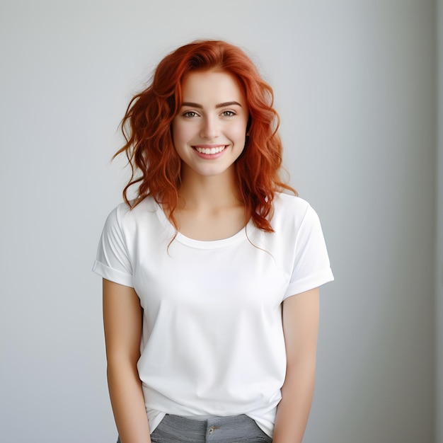 Woman model with blank white tshirt redhead hair front view smilling to camera