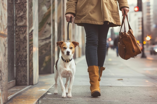 Woman in a modern clothes walking walking her dog in the urban exterior Generative AI