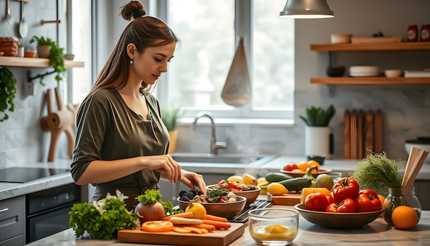 Woman in modern kitchen cooking breakfast with fresh healthy ingredients showing culinary skills