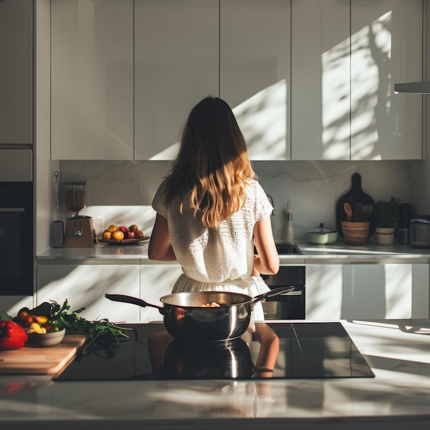 A woman in a modern kitchen preparing a meal