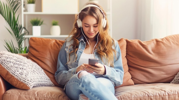 Photo a woman on modern sofa enjoying music and smartphone in leisure time relaxing at home