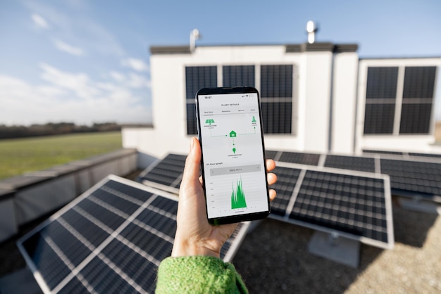 Woman monitors energy production from the solar power plant with a digital tablet